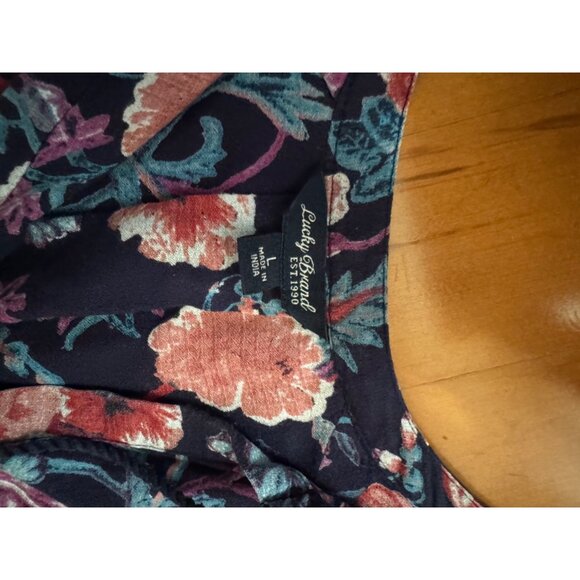 Lucky Brand Floral Blouse L Boho Navy Pullover Long Sleeve Pleated - Picture 4 of 10